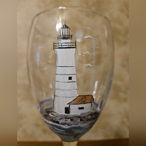 Hand Painted Lighthouse Wine Glass - Picture 2 of 5